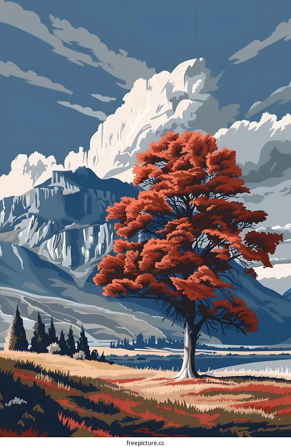 Autumn Tree Landscape With Mountains And Clouds