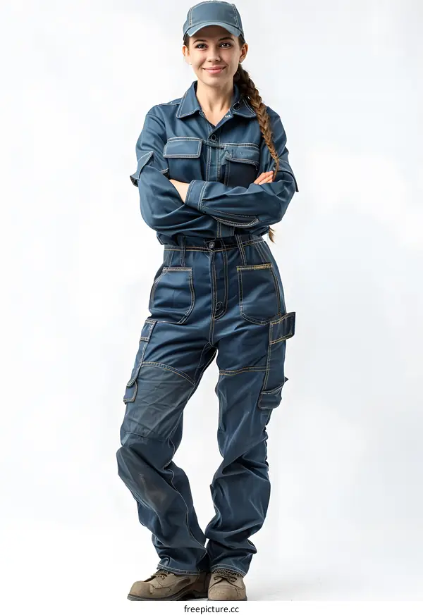 Confident Female Worker in Denim Overalls