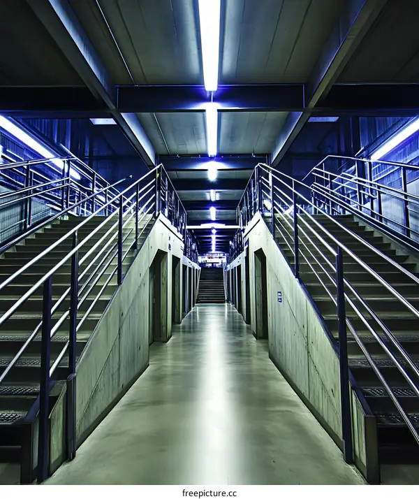 Concrete Stairs and Metal Railings in a Hallway with Fluorescent Lights