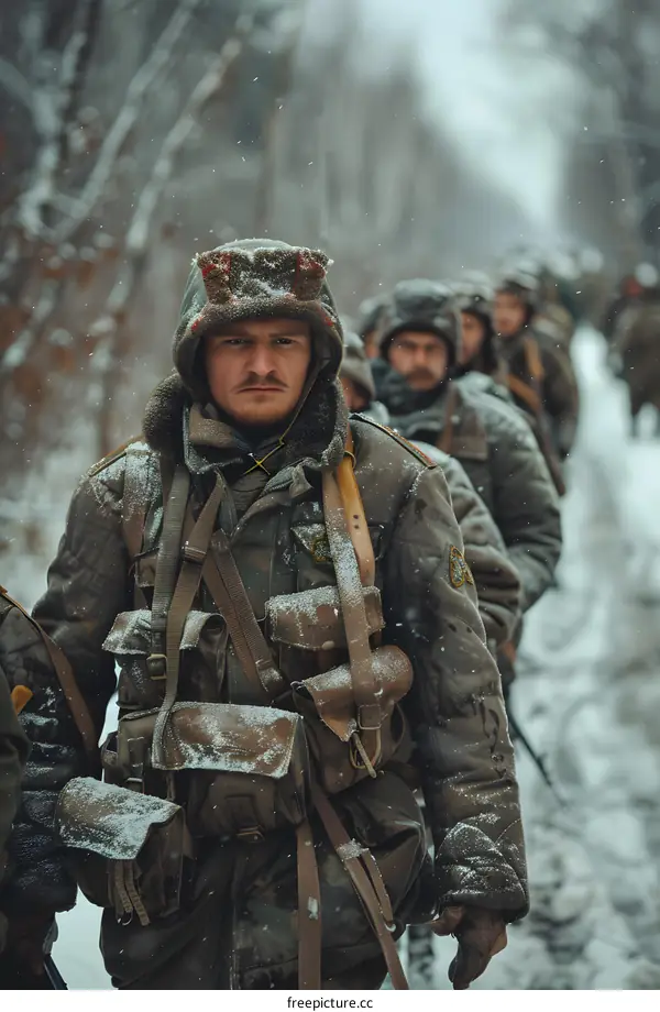 A group of soldiers wearing winter gear are walking through a snowy forest.