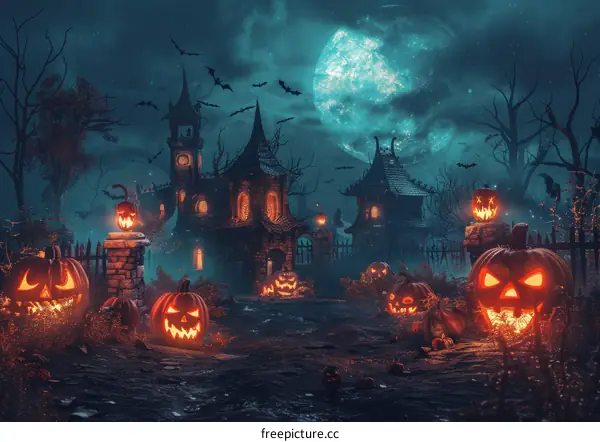 Spooky Halloween Pumpkin House in a Graveyard at Night