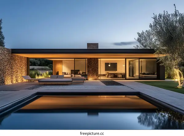 Modern Minimalist House With Swimming Pool And Patio At Dusk