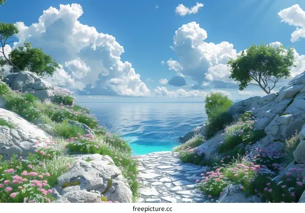 Serene Rocky Coastline with Path, Flowers and Trees