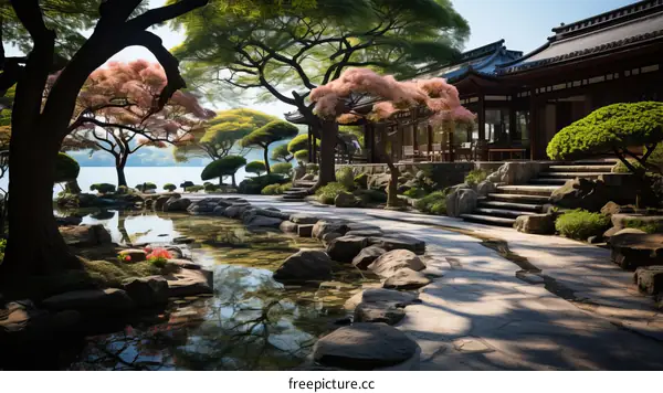 Japanese Garden with Pond, Trees, and a House