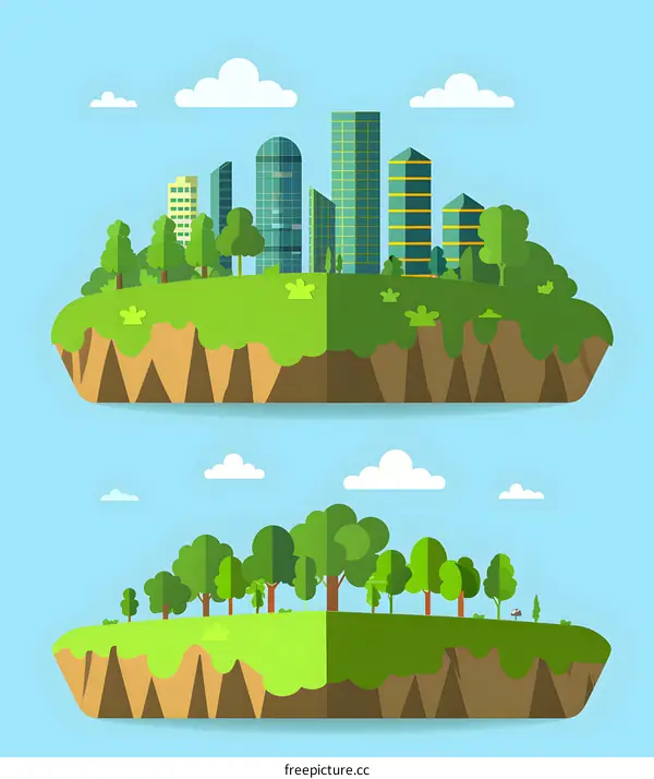 Green Cityscape Illustration with Flat Design Style