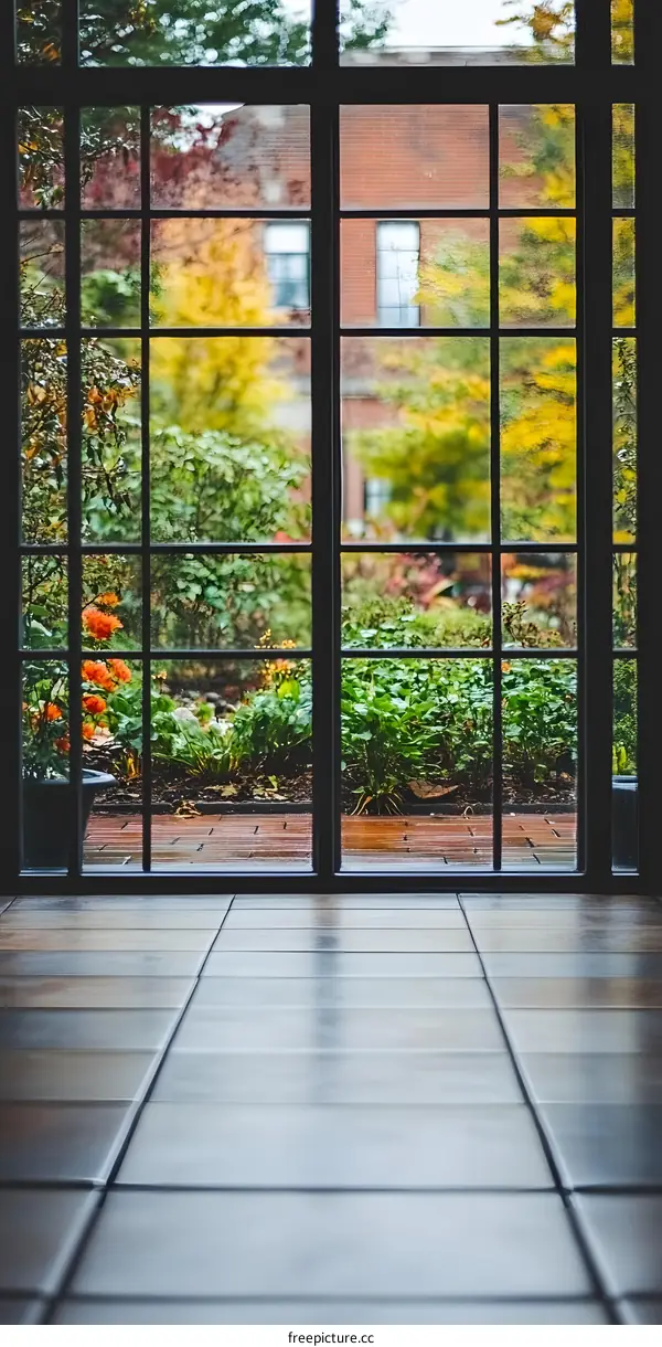 View Through Window of a Garden with Tile Floor