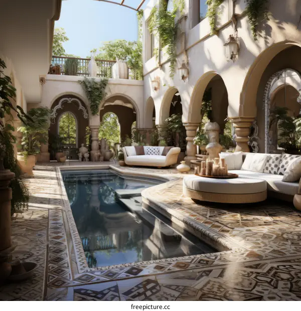 Courtyard with swimming pool and seating area