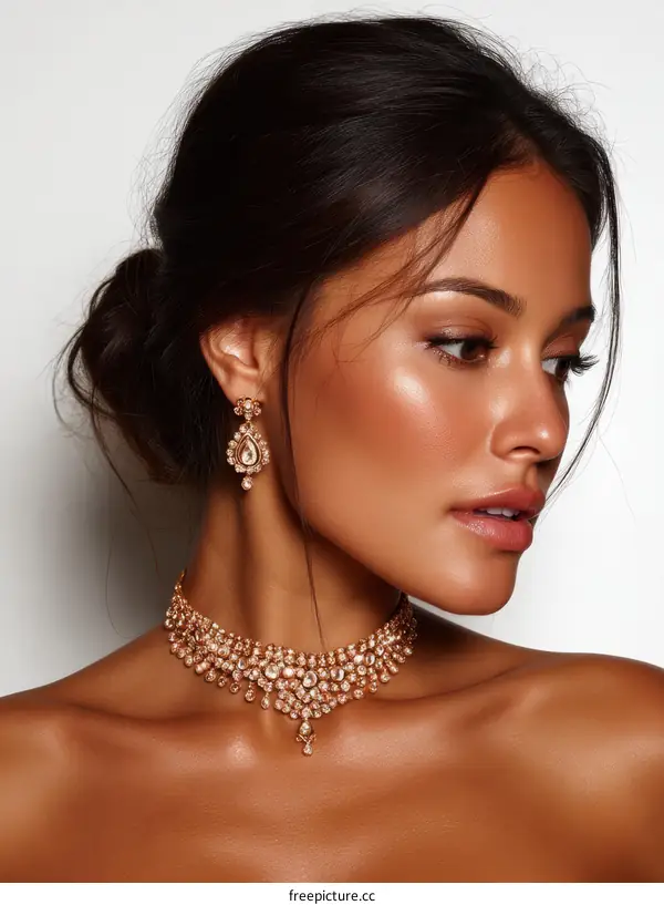 Elegant Woman Wearing Exquisite Gold Jewelry