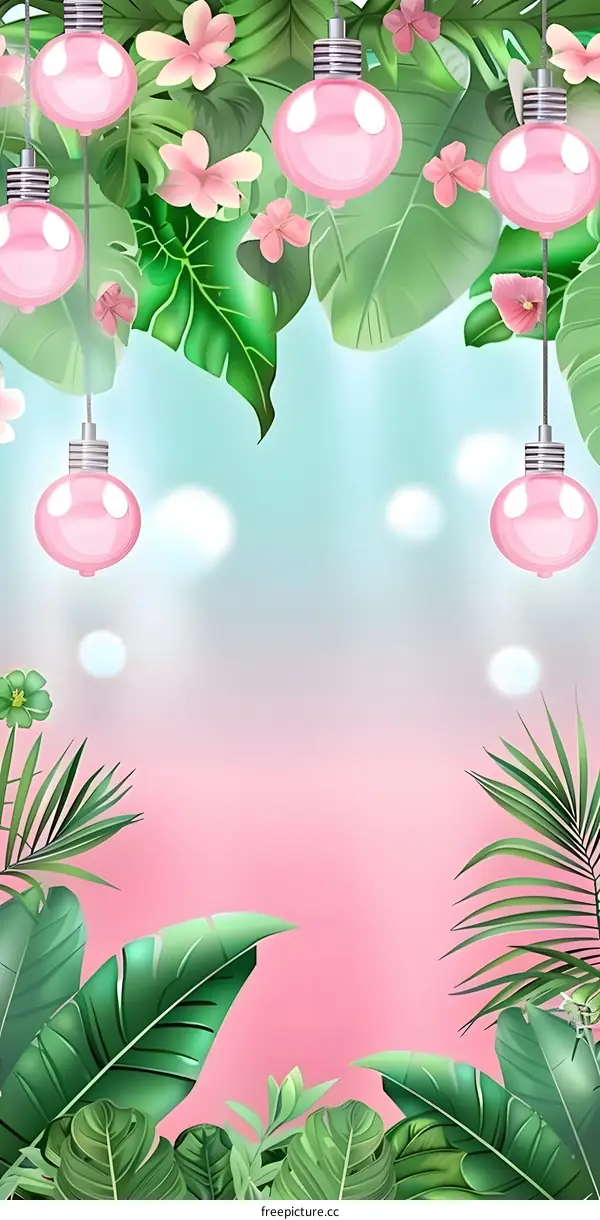 Pink and Green Tropical Background with Hanging Lights