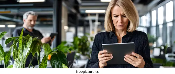 Woman using tablet in modern office with plants
