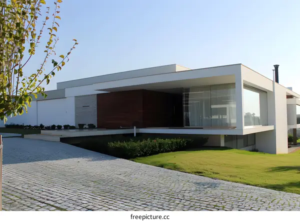 Modern Architecture Home Exterior Design With Cobblestone Driveway