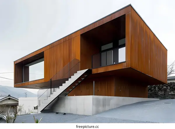 Modern House with Rusty Metal Exterior and Concrete Stairs
