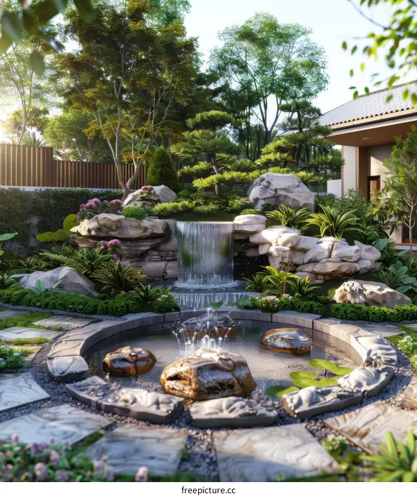 Artificial Waterfall and Circular Pond in a Luxurious Courtyard