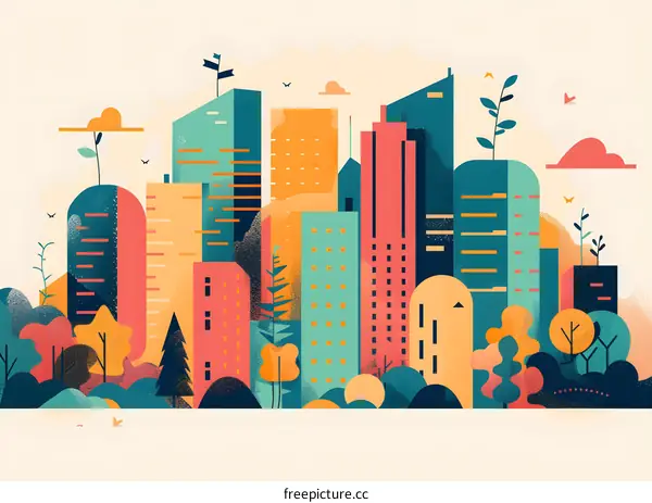 Colorful Illustration of Modern Cityscape with Trees and Birds