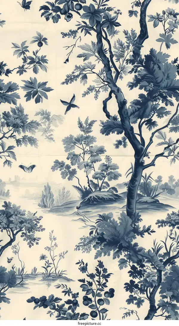 Blue and White Chinoiserie Scenic Wallpaper