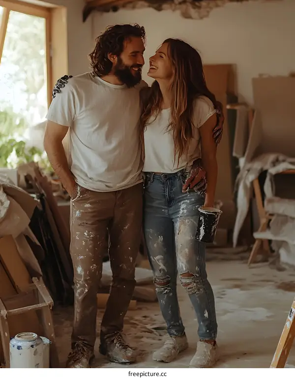Couple in Love Painting Their New Home