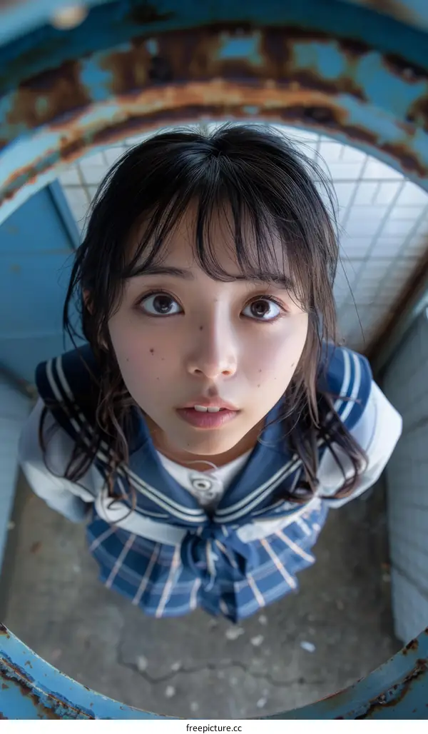 A young Japanese school girl looking up through a rusty pipe
