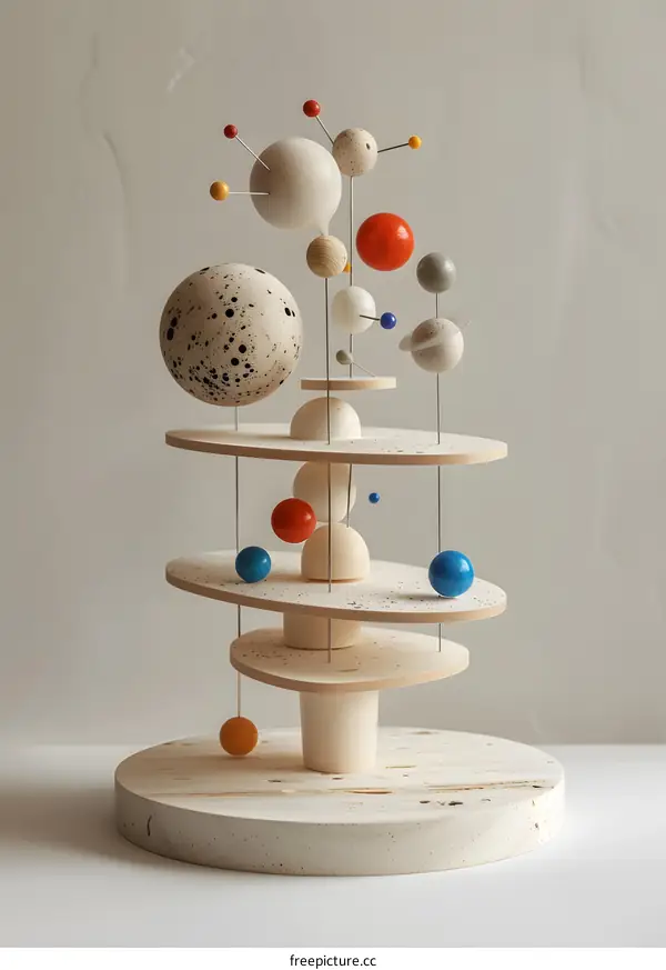 A wooden sculpture of the solar system