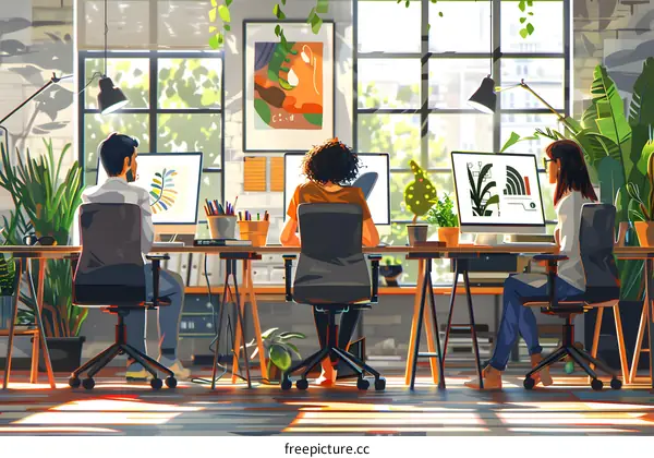 Three people working in an office