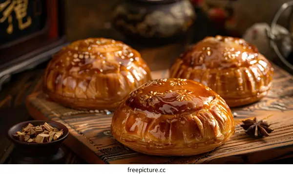 Three Round Golden Brown Pastries on Wooden Cutting Board