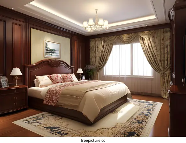 Luxury Bedroom Interior Design With Wooden Bed and Floral Curtains