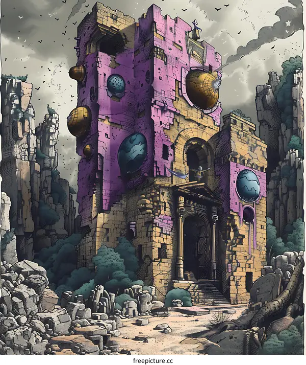 The Ruins of an Ancient City With a Purple Tower and Spheres