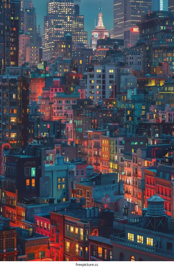 Cityscape at Night Colorful Buildings