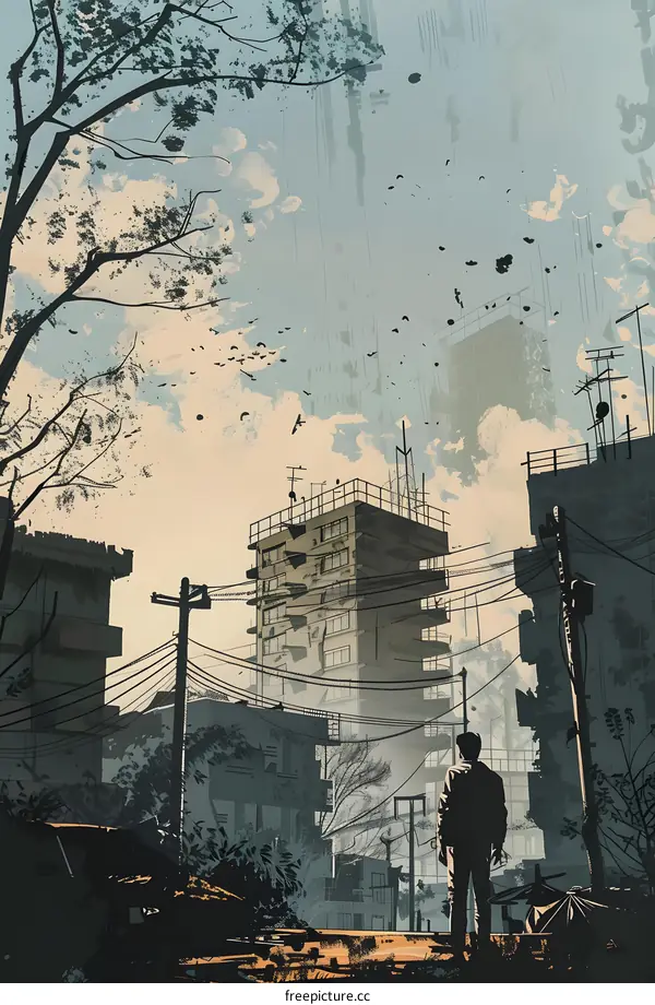 A Man Stands Alone in a City of Ruins