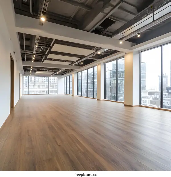Modern Empty Office Space with Large Windows and Wooden Floors