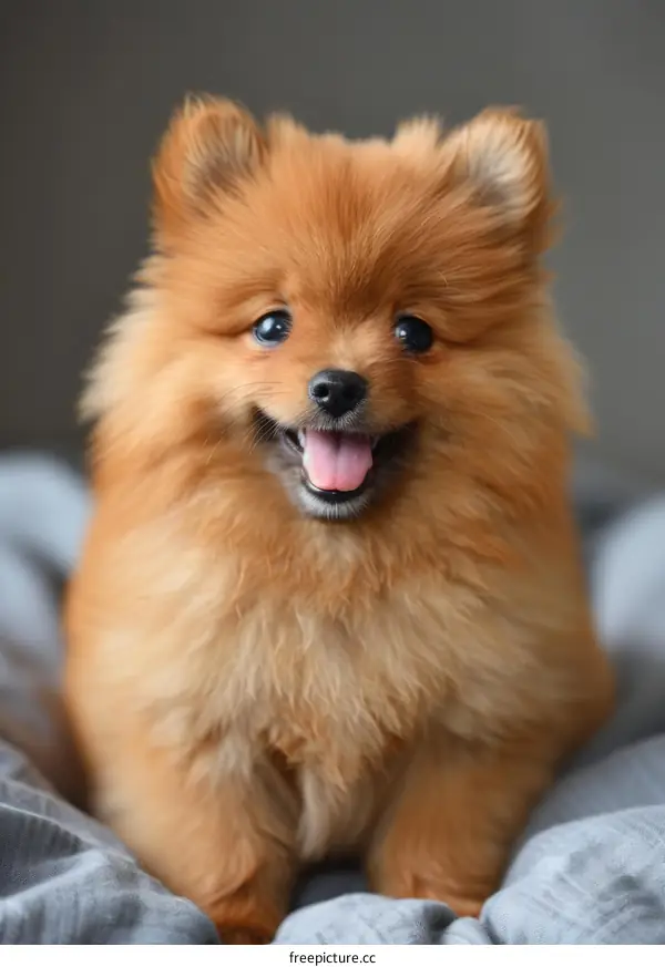 A fluffy Pomeranian puppy with blue eyes
