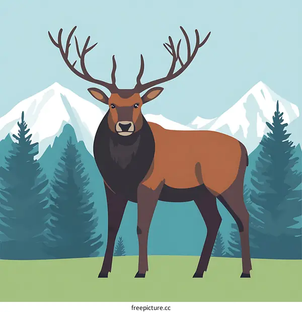 Mountain Landscape With Deer Illustration