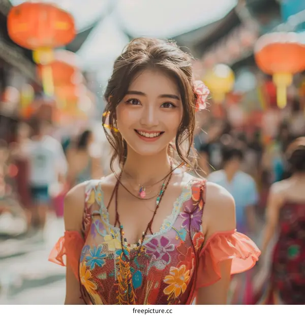 A beautiful Chinese woman in traditional Chinese clothing smiles at the camera.