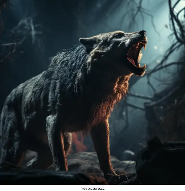 A wolf howls in the dark forest at night