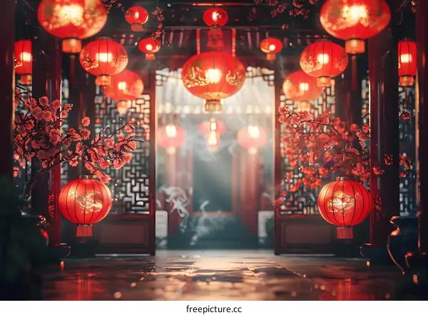 Chinese courtyard decorated with red lanterns during Spring Festival