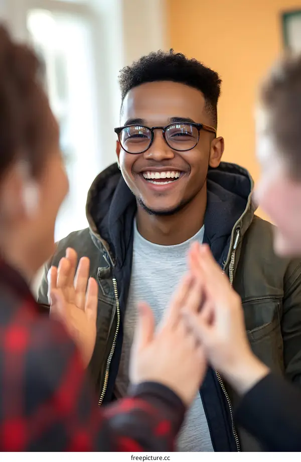 Happy Young African American Man Wearing Glasses Laughing