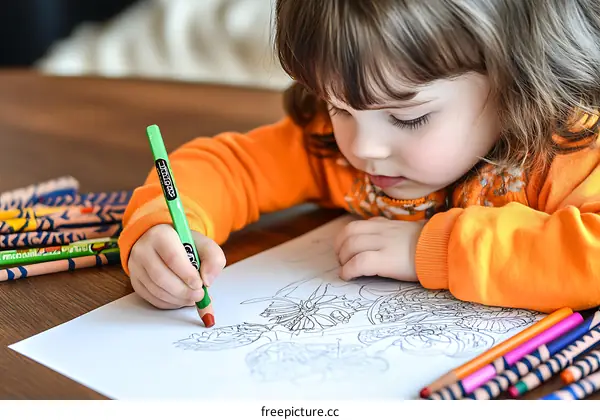 Little Girl Coloring a Picture with Crayons