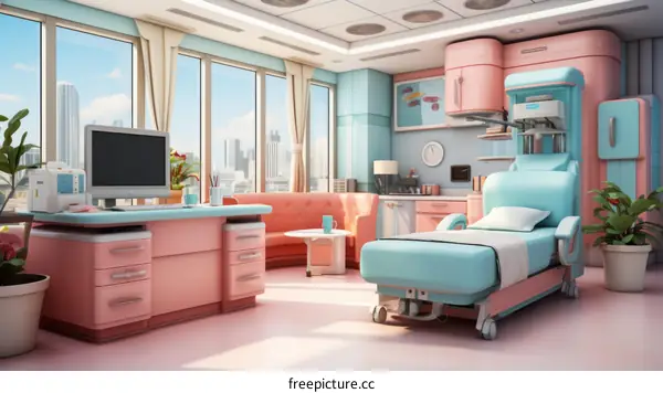 A serene hospital room with a view of the city