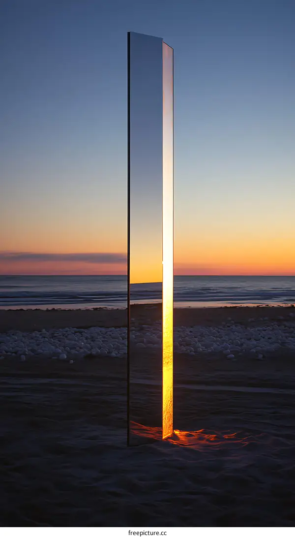Reflective Glass Sculpture on a Beach at Sunset
