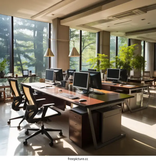 Modern office interior with large windows and green plants