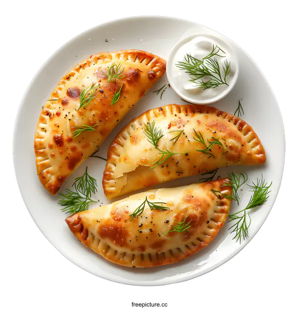 [Transparent Background PNG]Three baked and golden brown empanadas on a white plate with a side of sour cream and dill