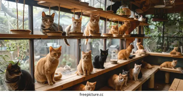A group of cats sitting on shelves in a room
