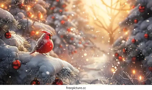 A red cardinal sits on a snowy branch
