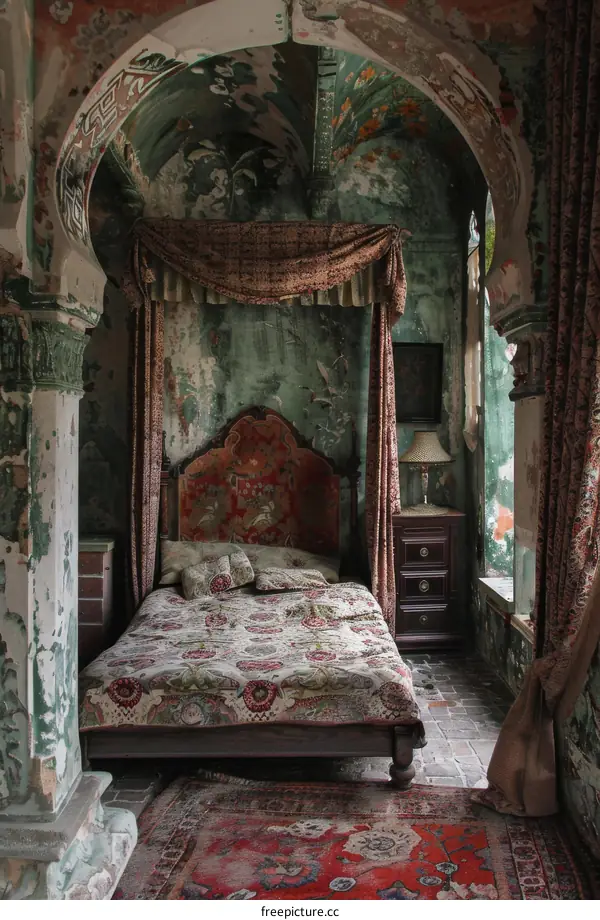 Antique Bedroom with Damaged Walls and Rich Decor