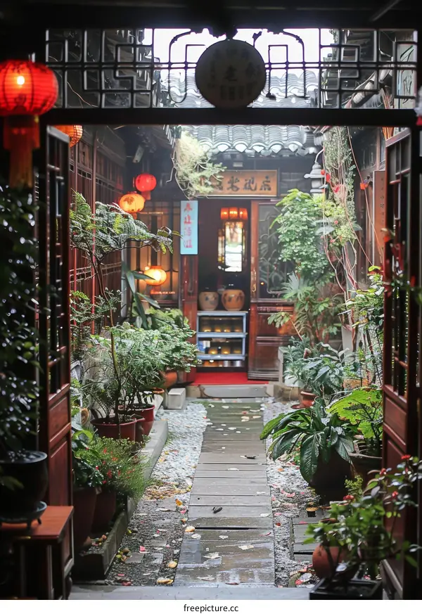 Courtyard with plants and red lanterns