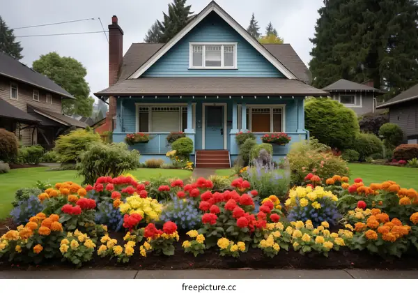 Colorful flowers in front of a blue house