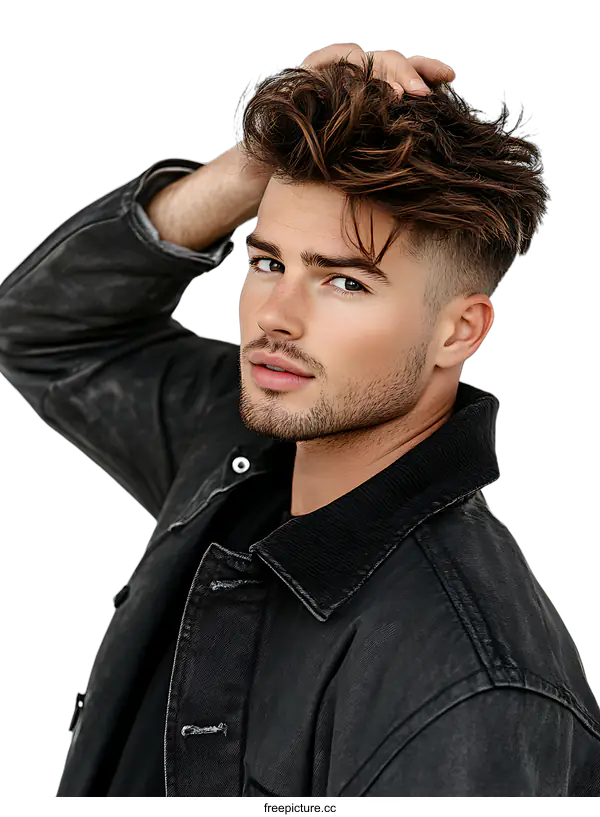[Transparent Background PNG]Man with Brown Hair in Black Jacket