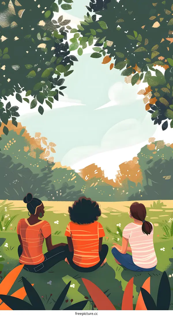 Three Friends Sitting in a Park Under the Trees