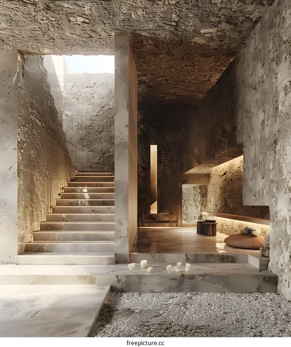 Staircase in a modern cave-like interior space