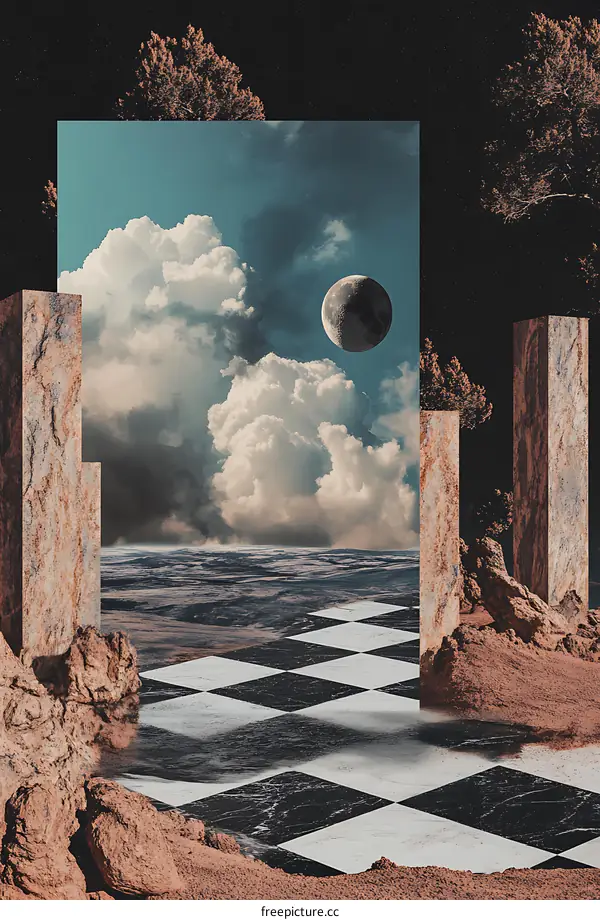 Abstract Surreal Art Collage with Checkerboard Floor and Moon