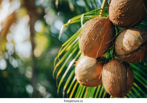 A bunch of coconuts hanging from a palm tree